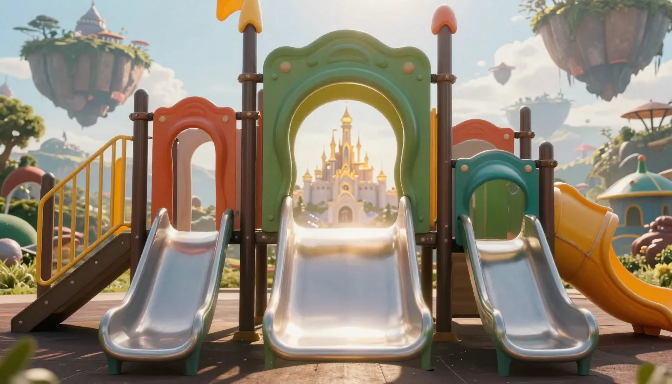 A magical portal opening behind a children's slide on a play...
