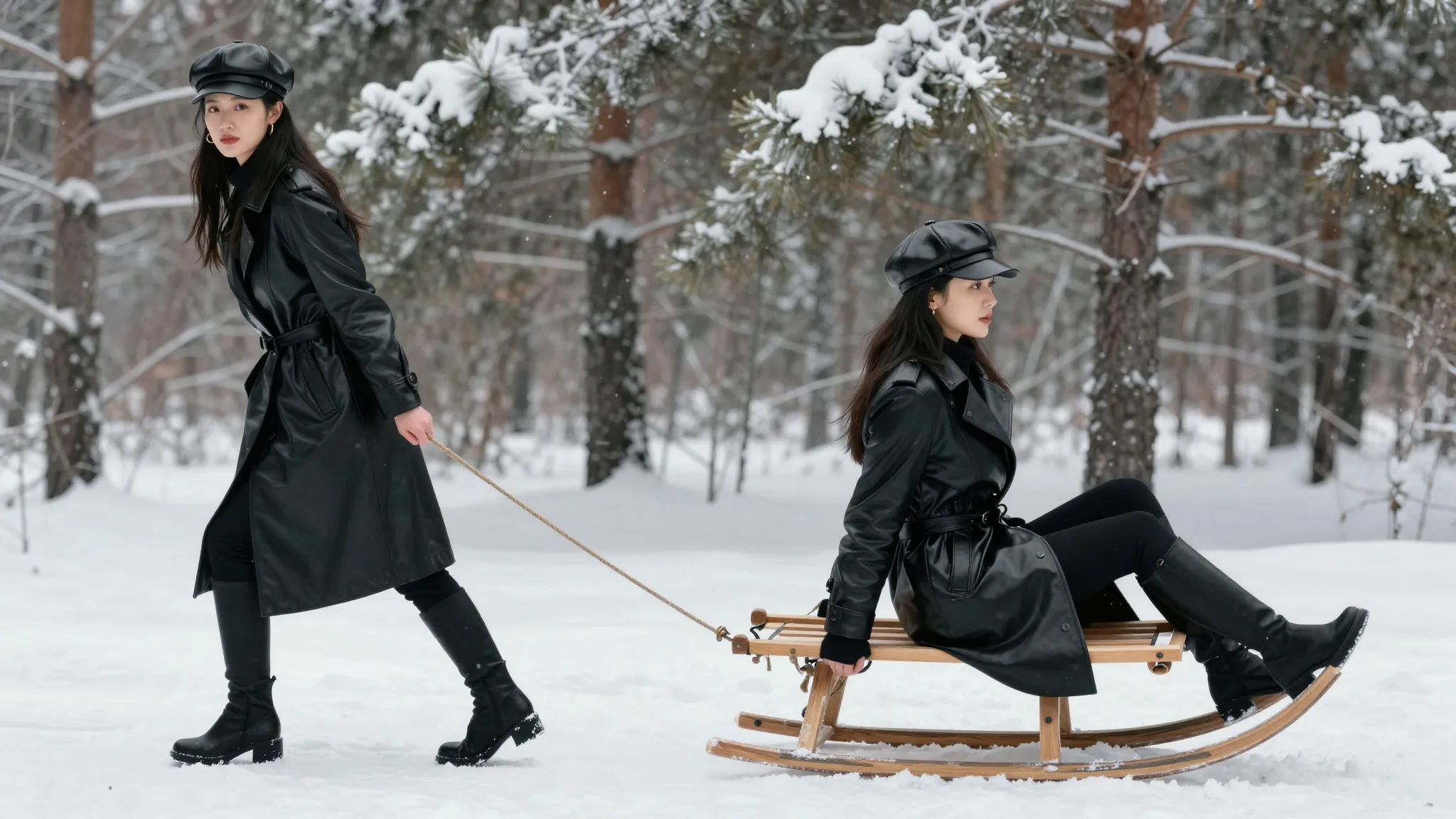 Side view of two young Chinese women in a snowy winter fores...