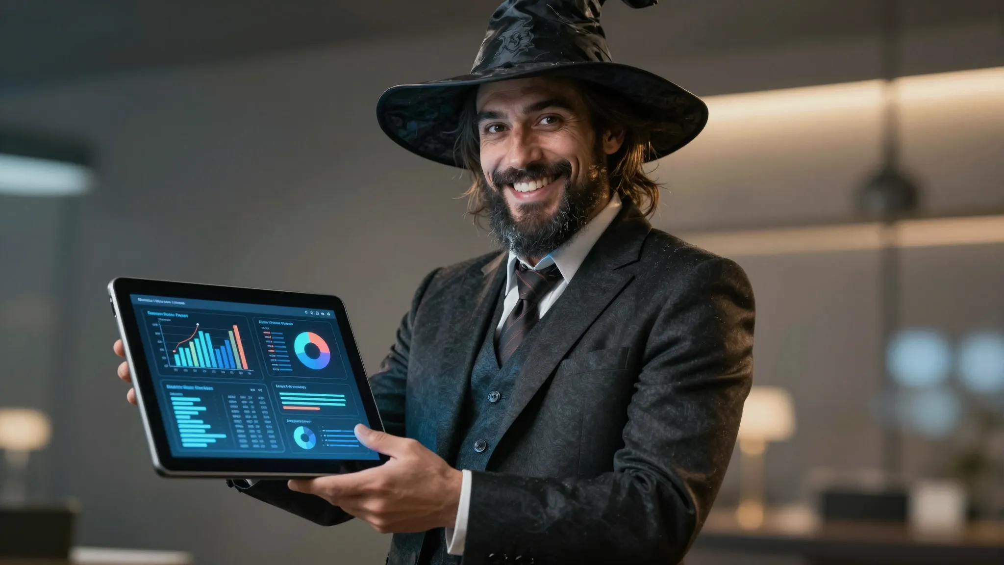 A friendly wizard character in a modern suit holding a digit...