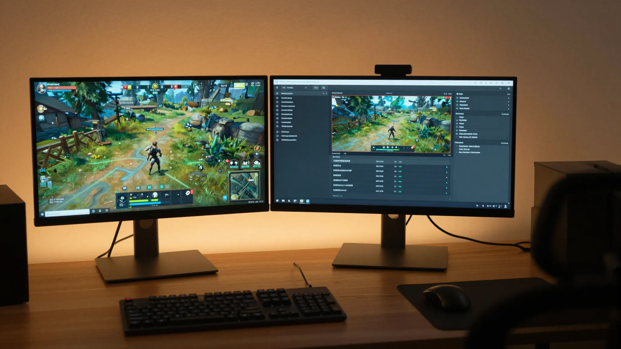 A professional streamer workspace with two monitors, one sho...