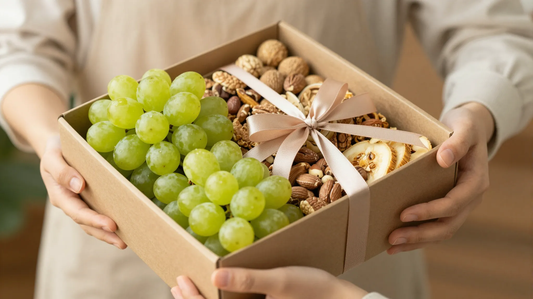 Hands holding a beautiful gift box filled with grapes, nuts,...