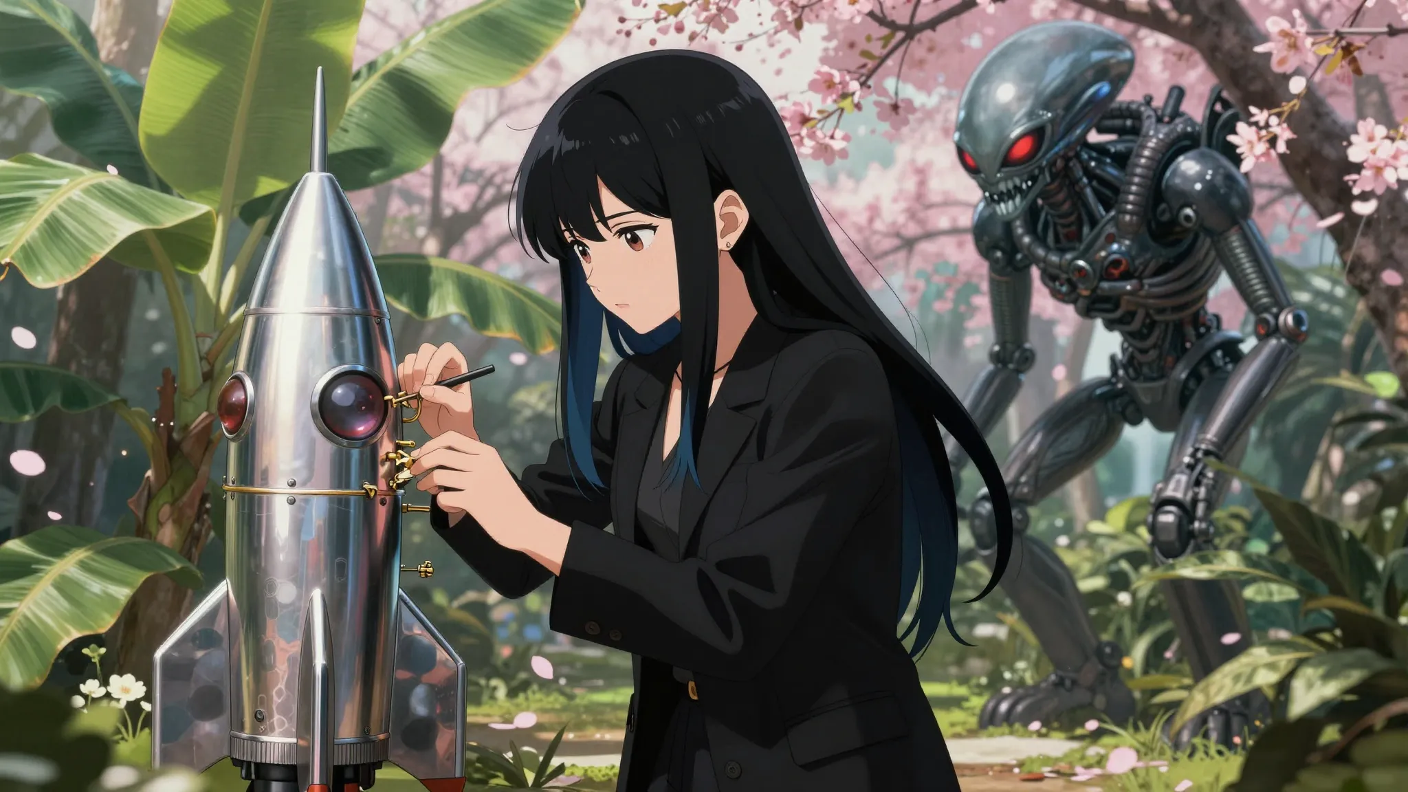 Anime style, a girl with long jet-black hair with subtle dar...
