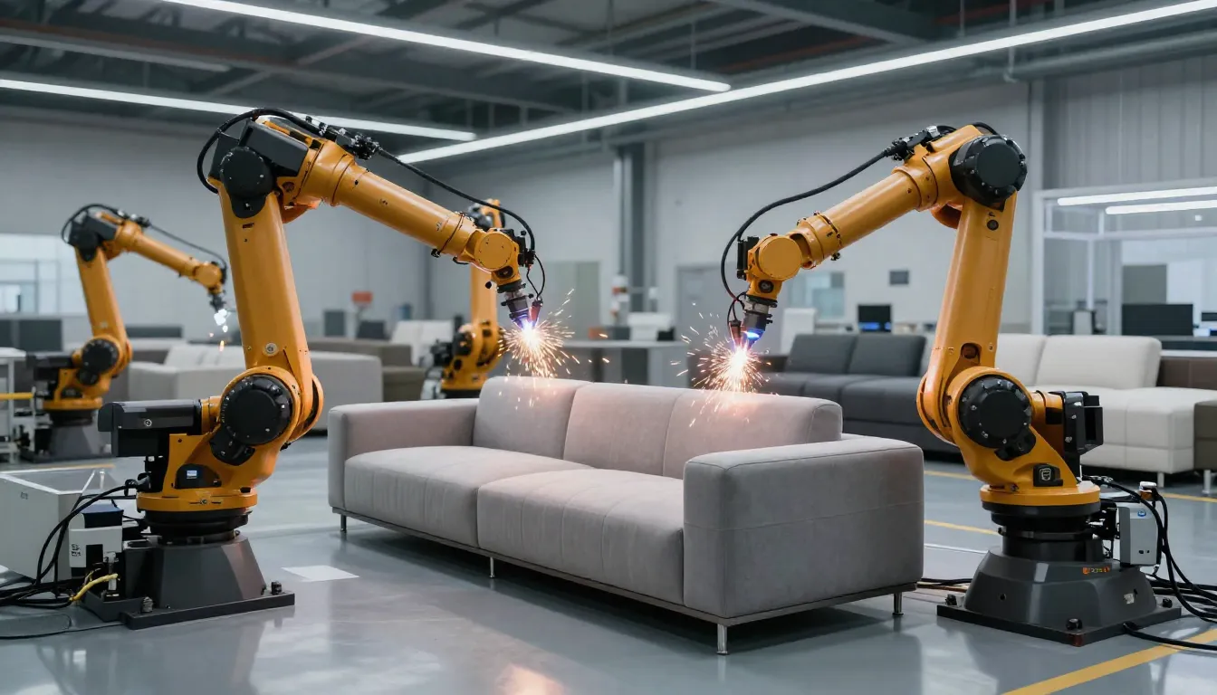 Interior of a high-tech automated furniture factory, robotic...