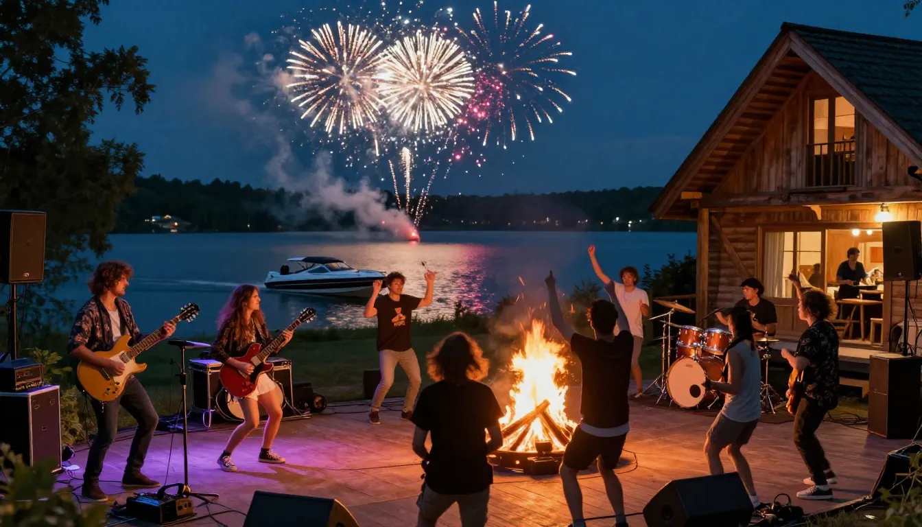 Rock band playing on a stage in a rustic dacha setting, with...
