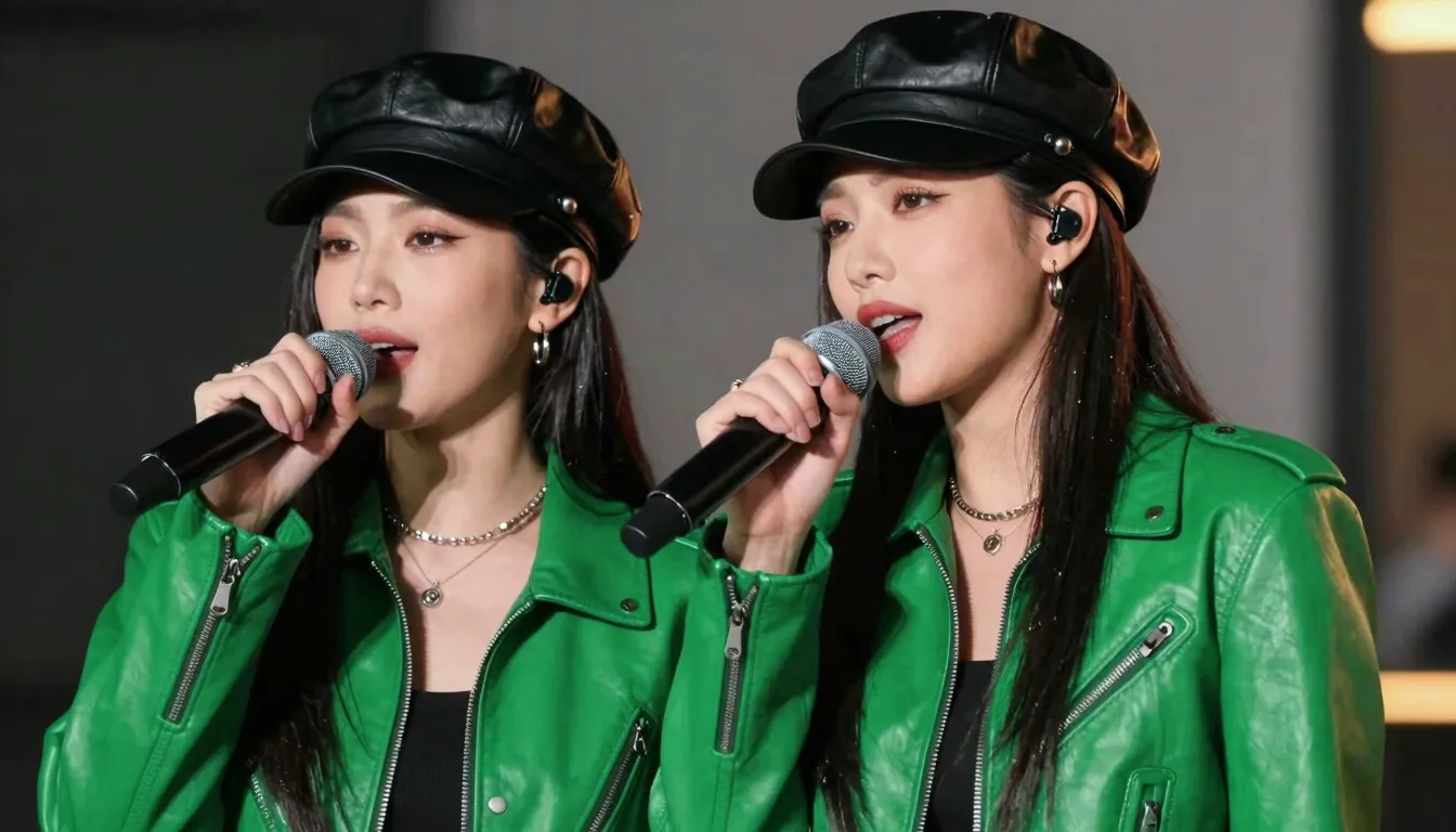 Two stylish Chinese women wearing vibrant green leather jack...