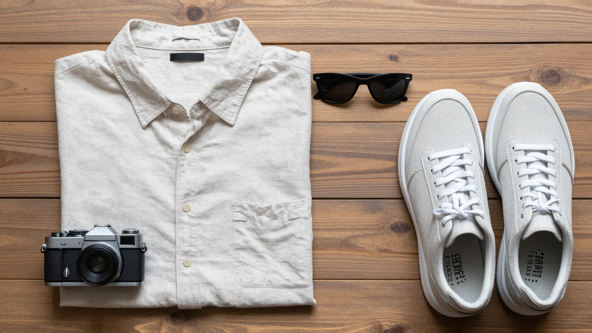 Flat lay of travel essentials: linen shirt, sunglasses, comf...