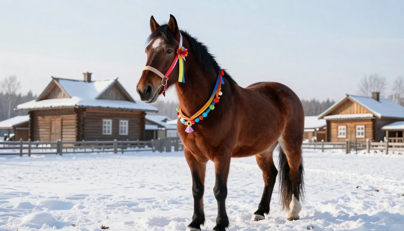 A majestic horse adorned with colorful festive ribbons, stan...