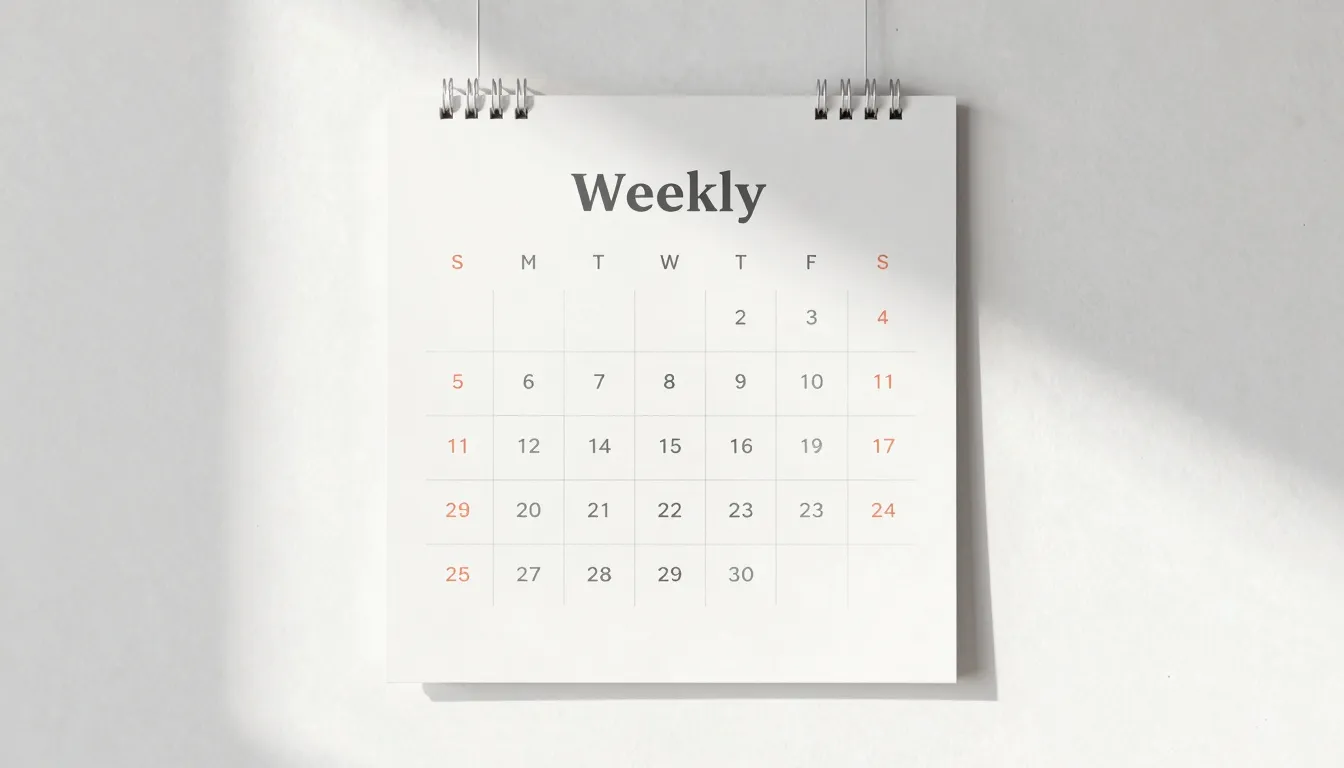 Minimalist aesthetic weekly calendar for art studio on a whi...