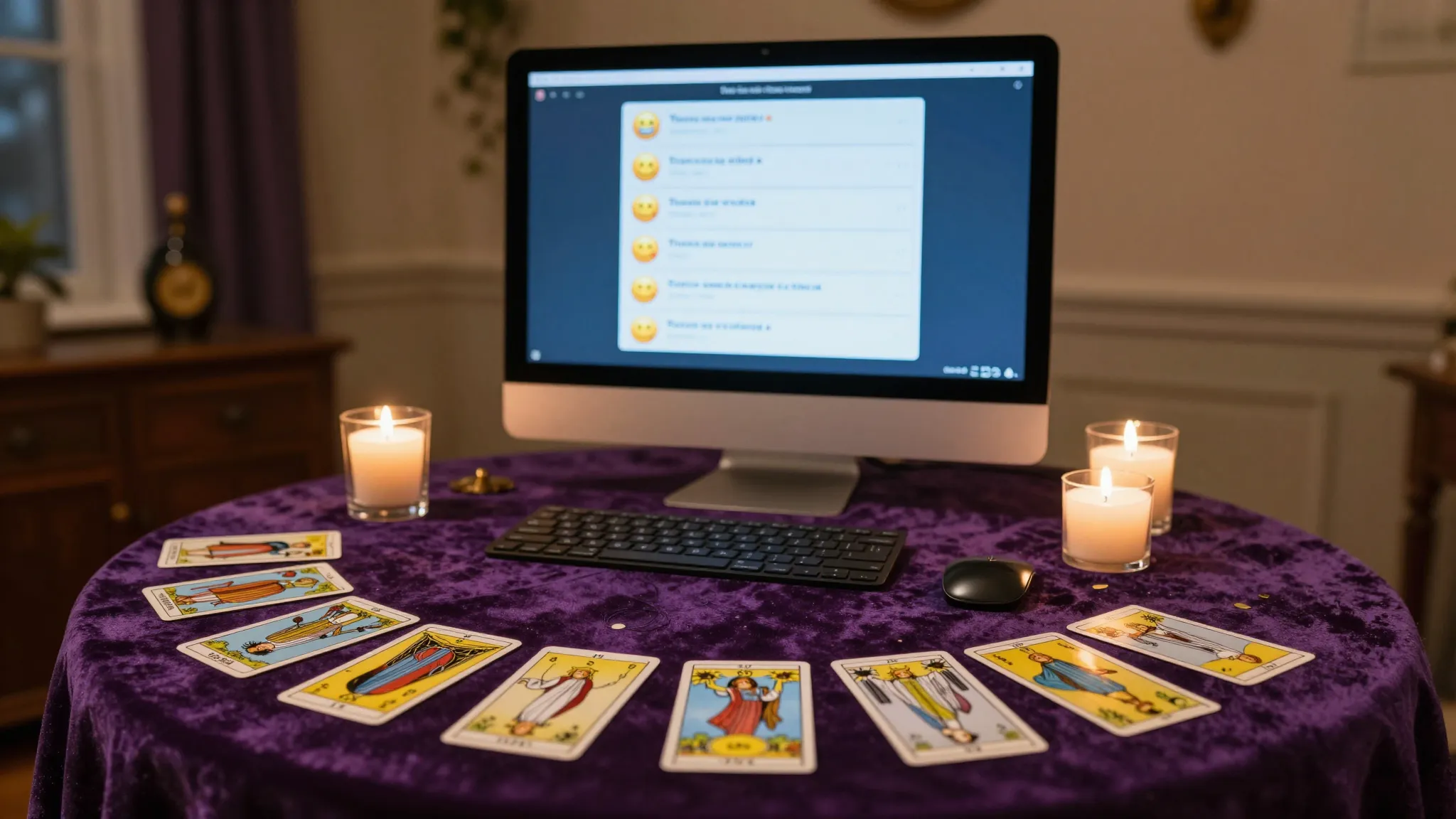 A cozy and mystical room for tarot reading, professional lig...