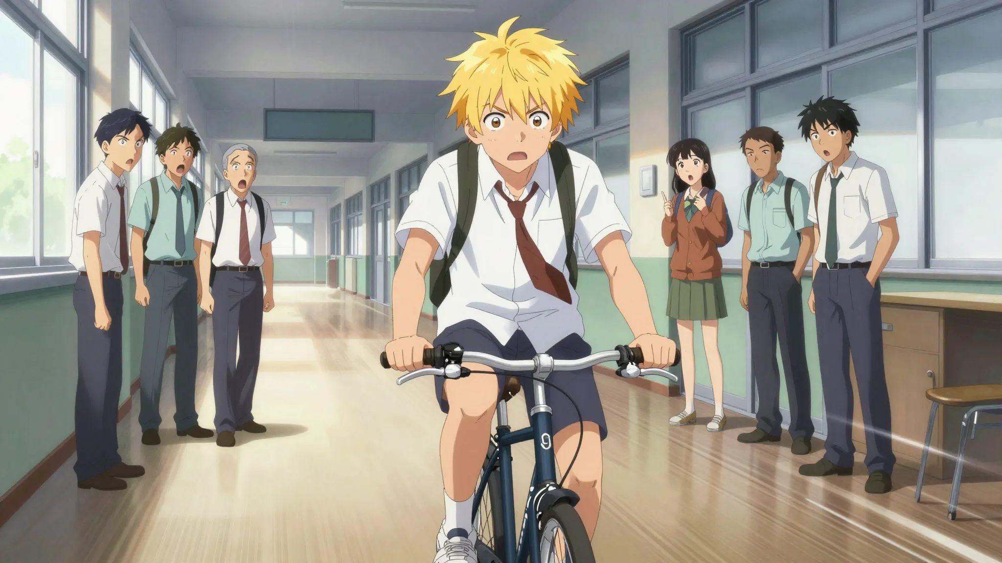 Anime manga panel, a cool blonde teenager riding a bicycle t...