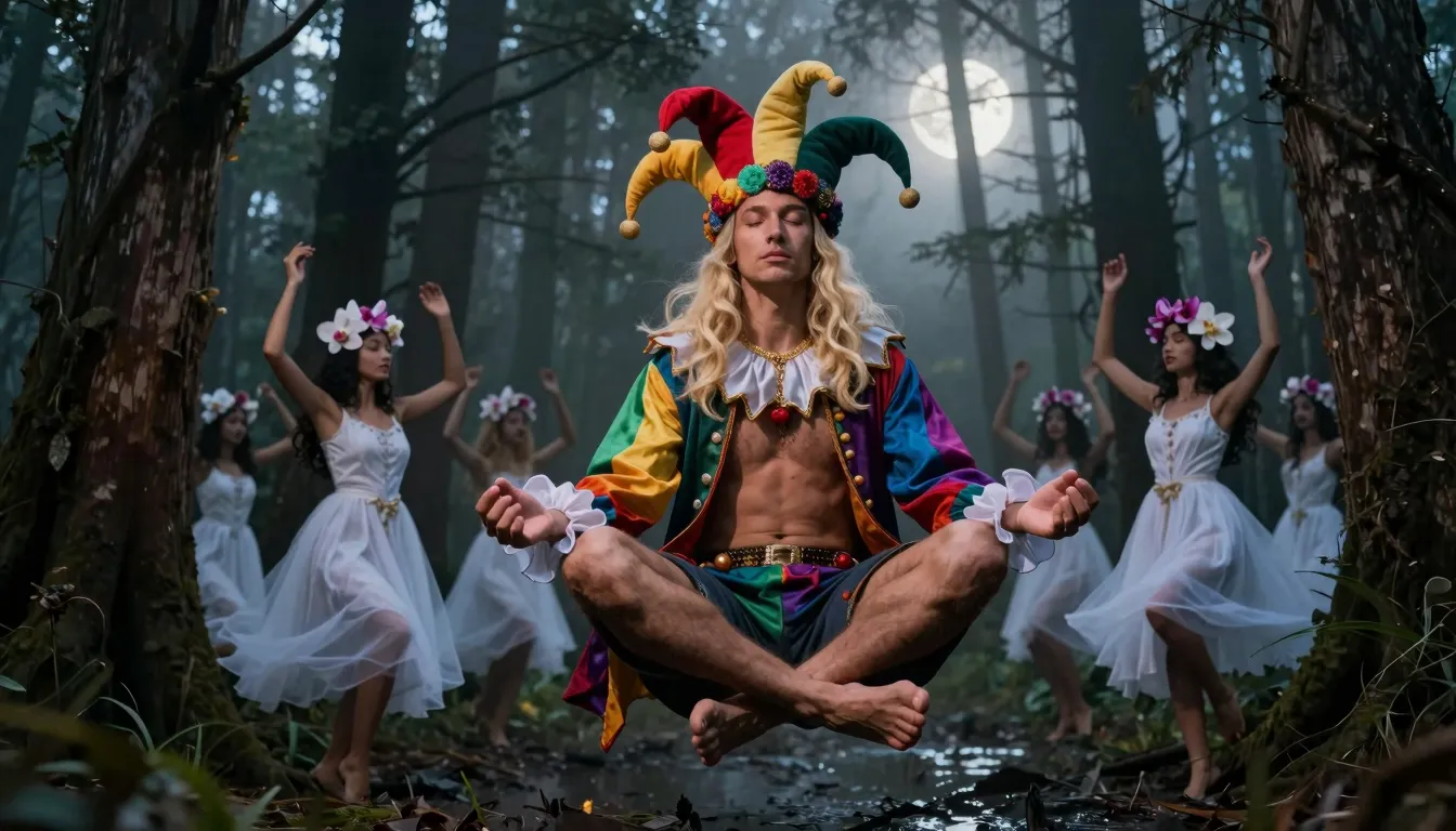 Levitating brutal blonde man in a colorful jester turban, ey...