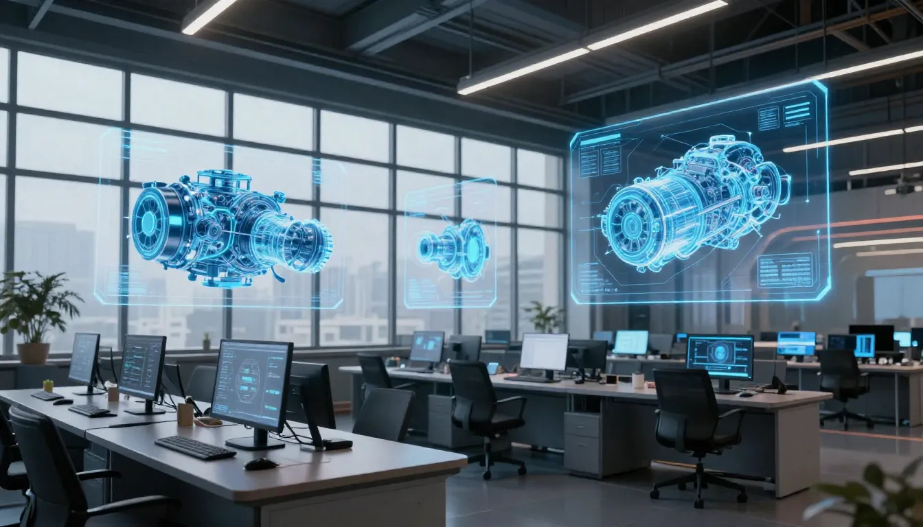 Futuristic industrial design office with large windows, holo...