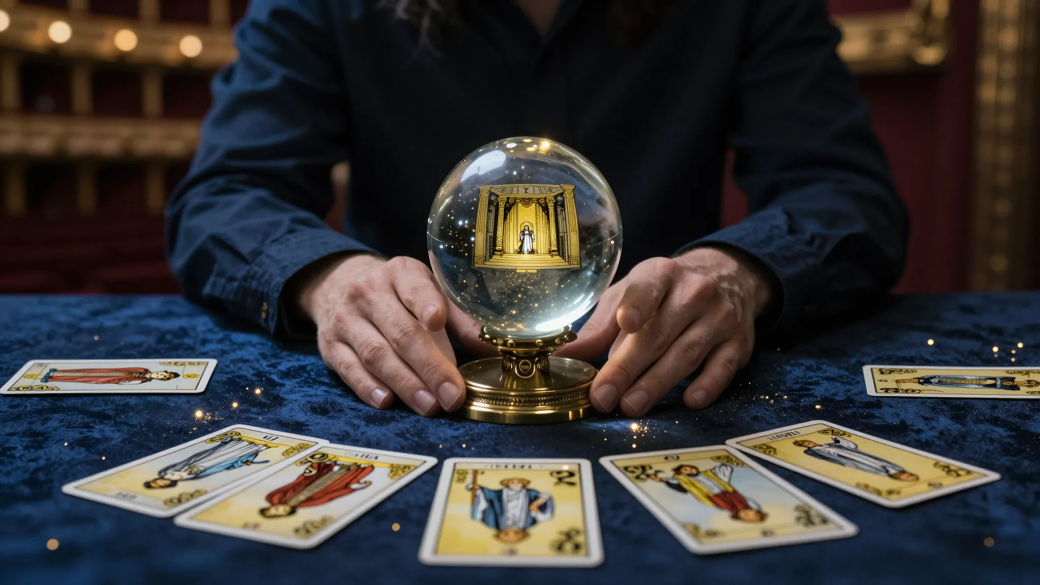 A mysterious person sitting at a table with tarot cards, a c...