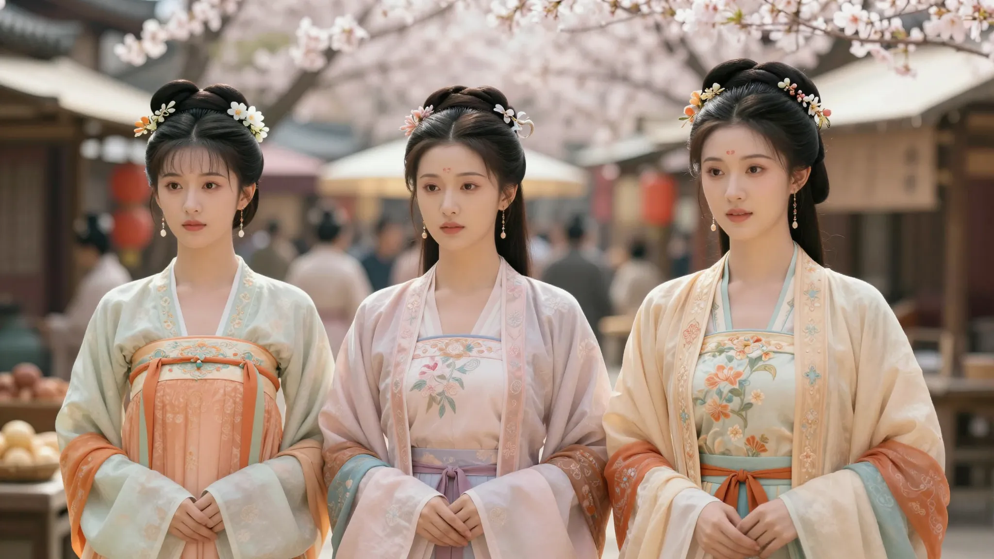 Two beautiful sisters in traditional Chinese hanfu standing ...
