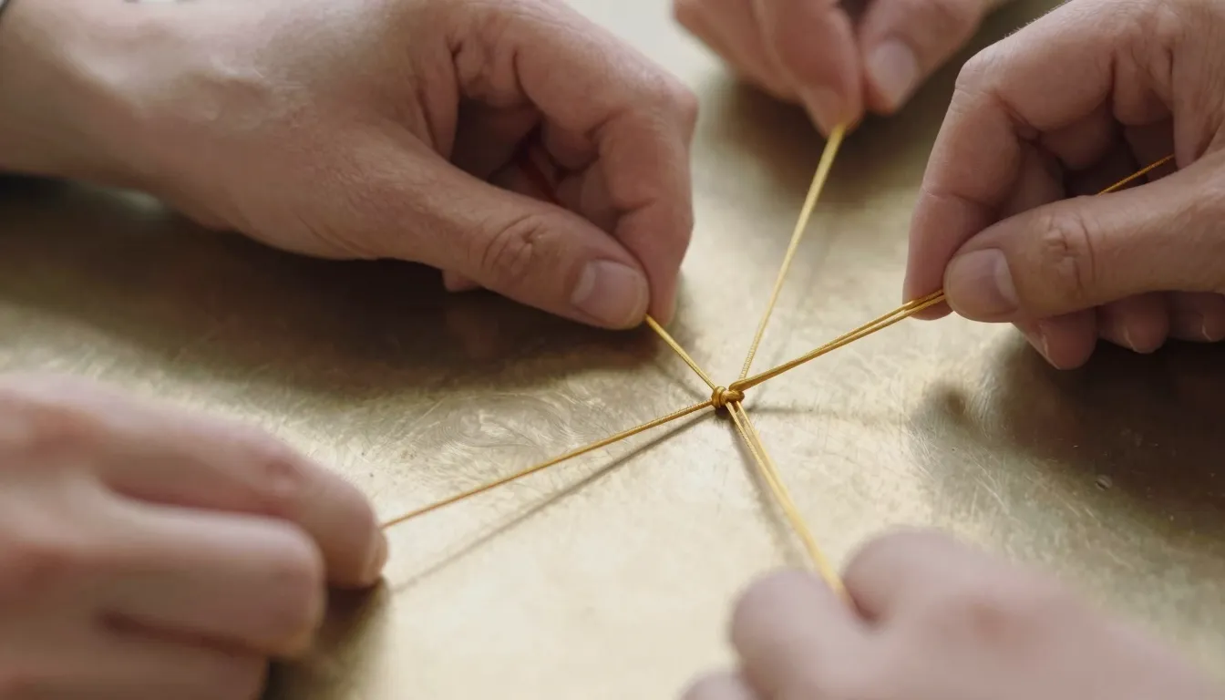 A close-up of strong hands weaving golden threads into a sol...
