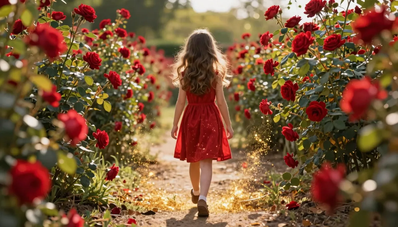 Cinematic back view of a girl walking through a lush alley o...