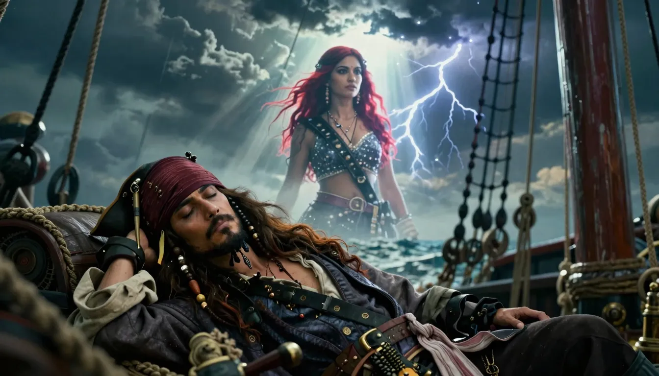 Cinematic shot of a sleeping pirate leaning against a mast, ...