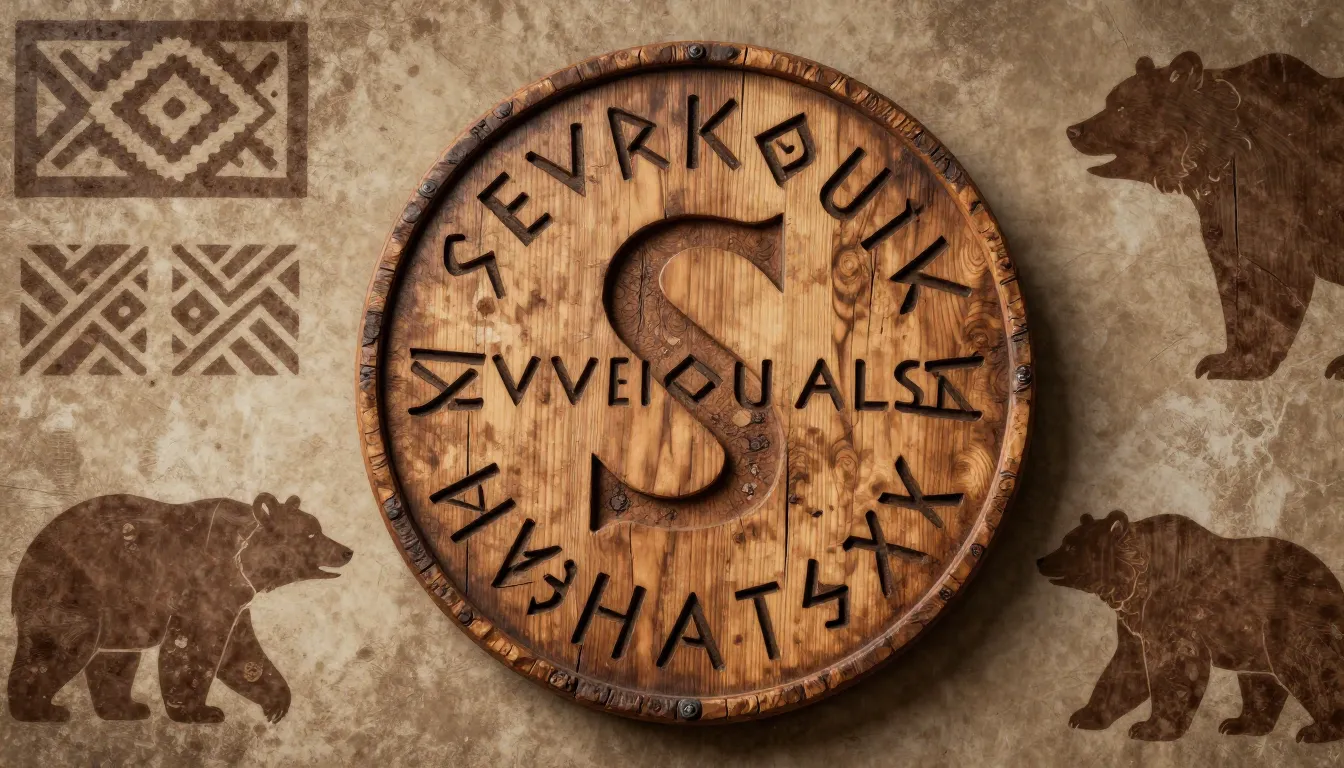 Ancient ethnic logo, 'SEVEROURALSK' in a font inspired by ol...