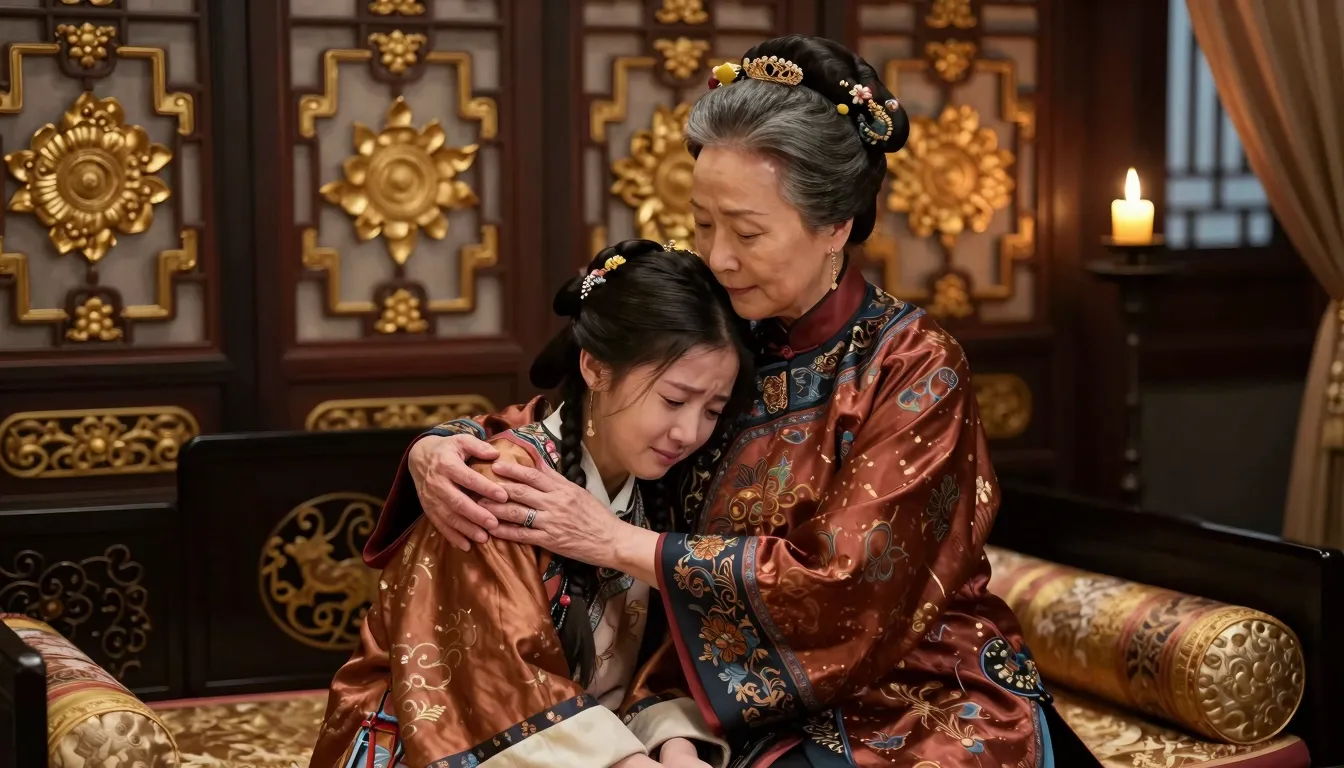 An elegant older Chinese woman in a rich silk robe comfortin...