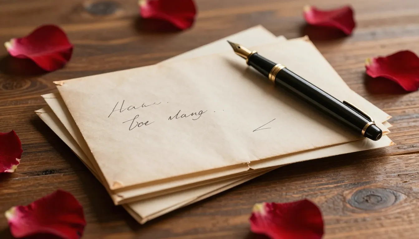 A stack of old handwritten letters, a vintage fountain pen, ...