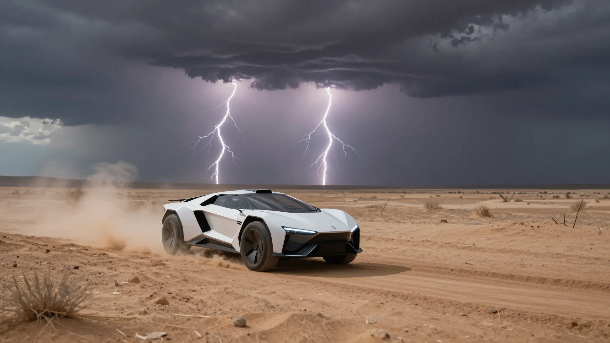 Futuristic vehicle traveling through a dry summer desert dur...
