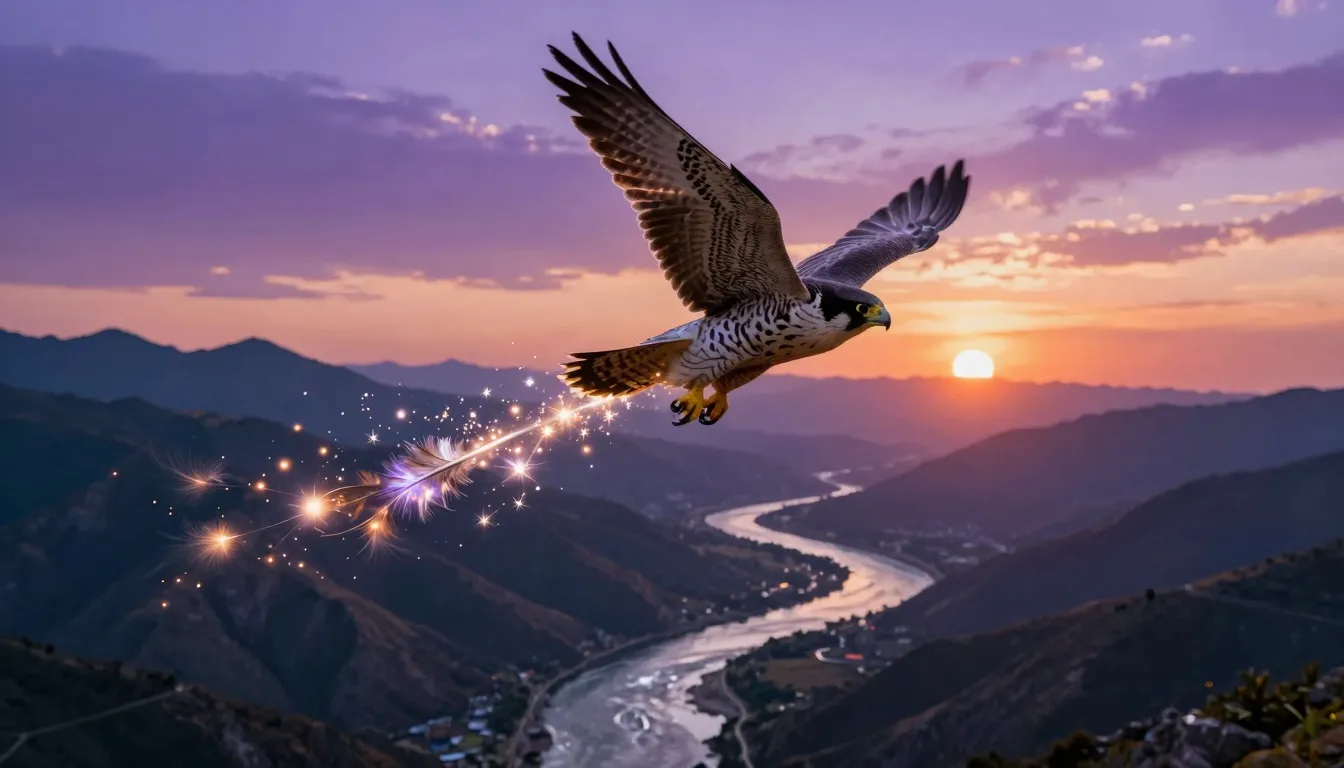A noble falcon soaring high above a mountain range during a ...