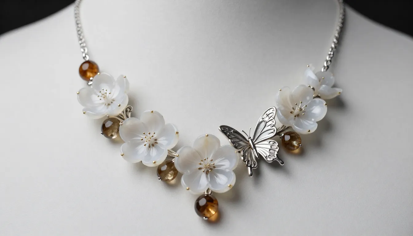Exquisite necklace with white agate apple blossoms, rutilate...