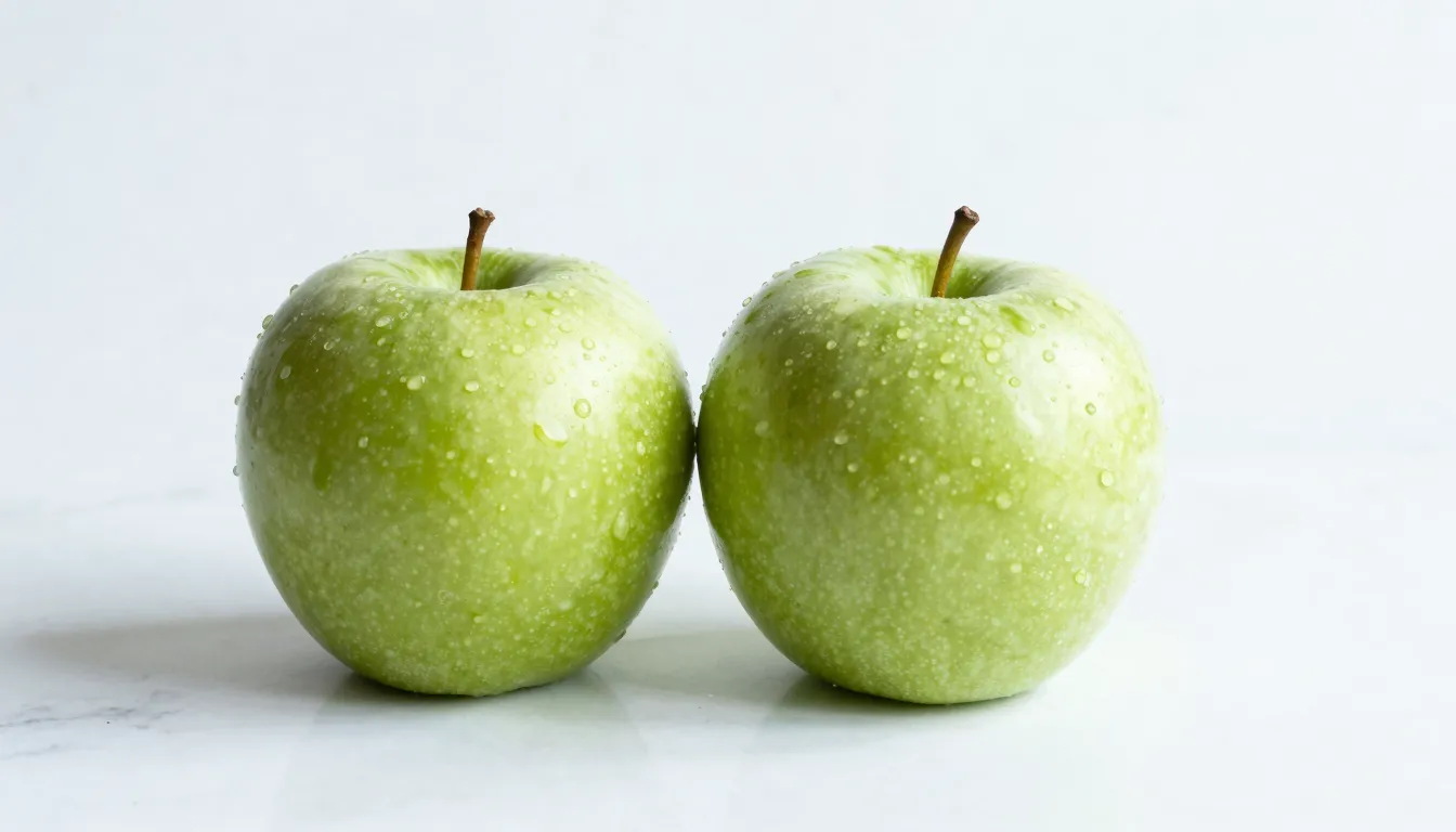 Two fresh green apples on a white marble surface, minimalist...