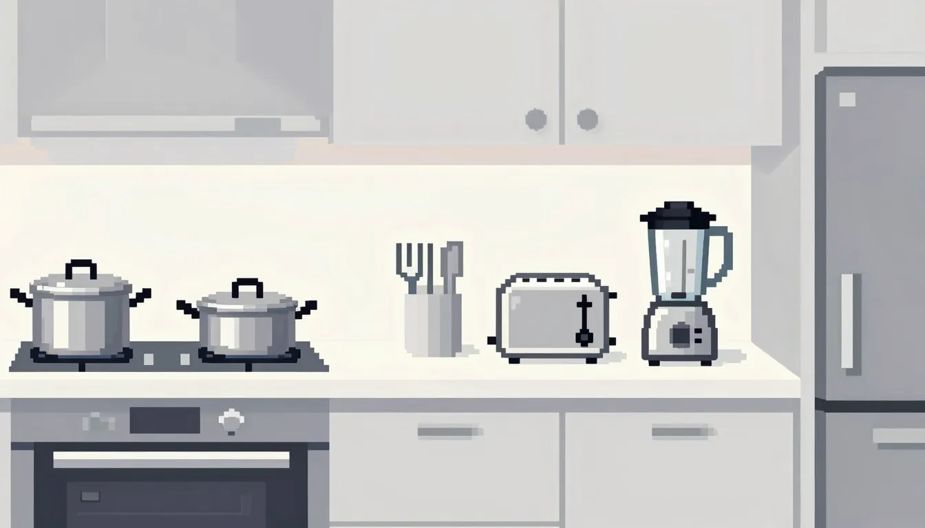 Pixel art side-view background, modern kitchen counter, stai...
