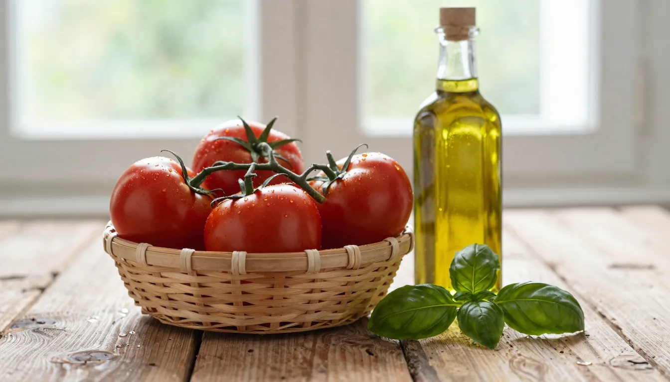 A rustic wooden table with a basket of ripe red tomatoes, a ...