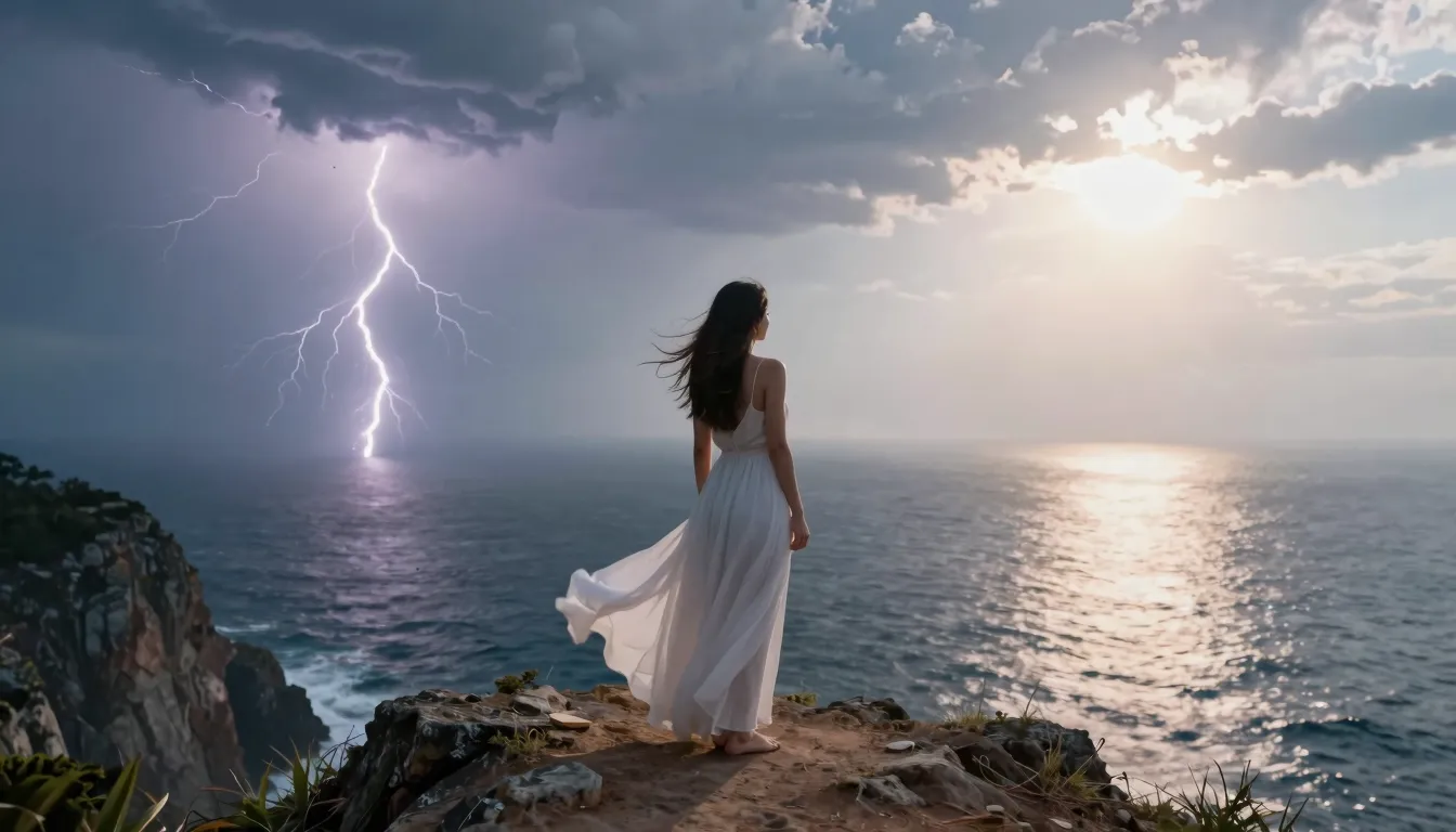 A beautiful woman standing on a cliff overlooking a vast oce...