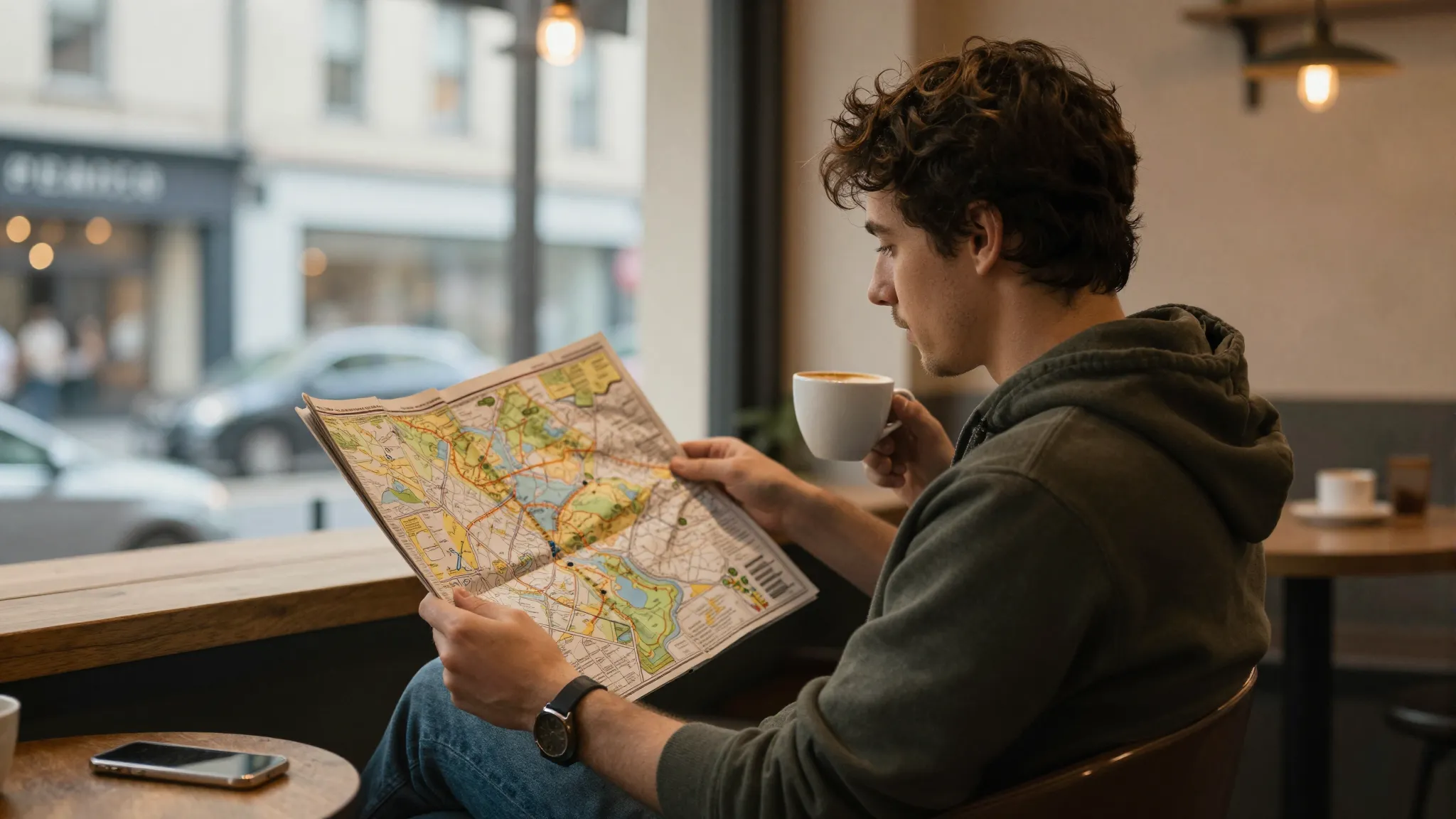 A cozy cafe interior with a single traveler reading a map an...
