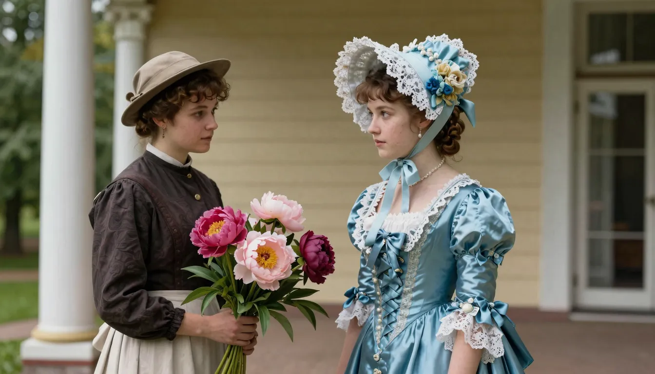 A haughty young noblewoman in a blue silk dress and a lace h...