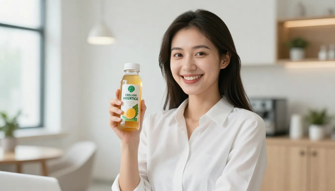 A successful young woman smiling, holding a stylish bottle o...
