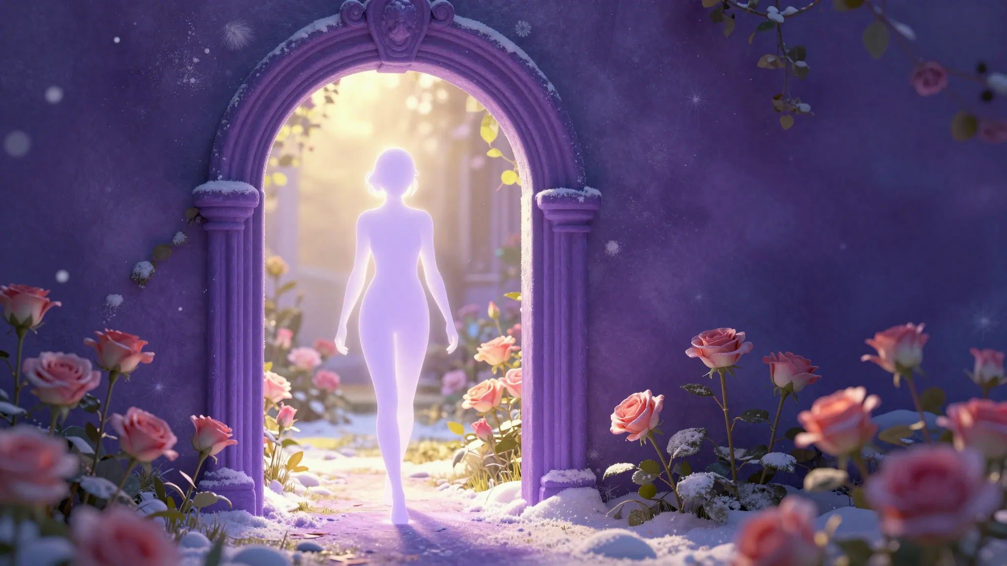 A glowing ethereal silhouette walking through a magical viol...