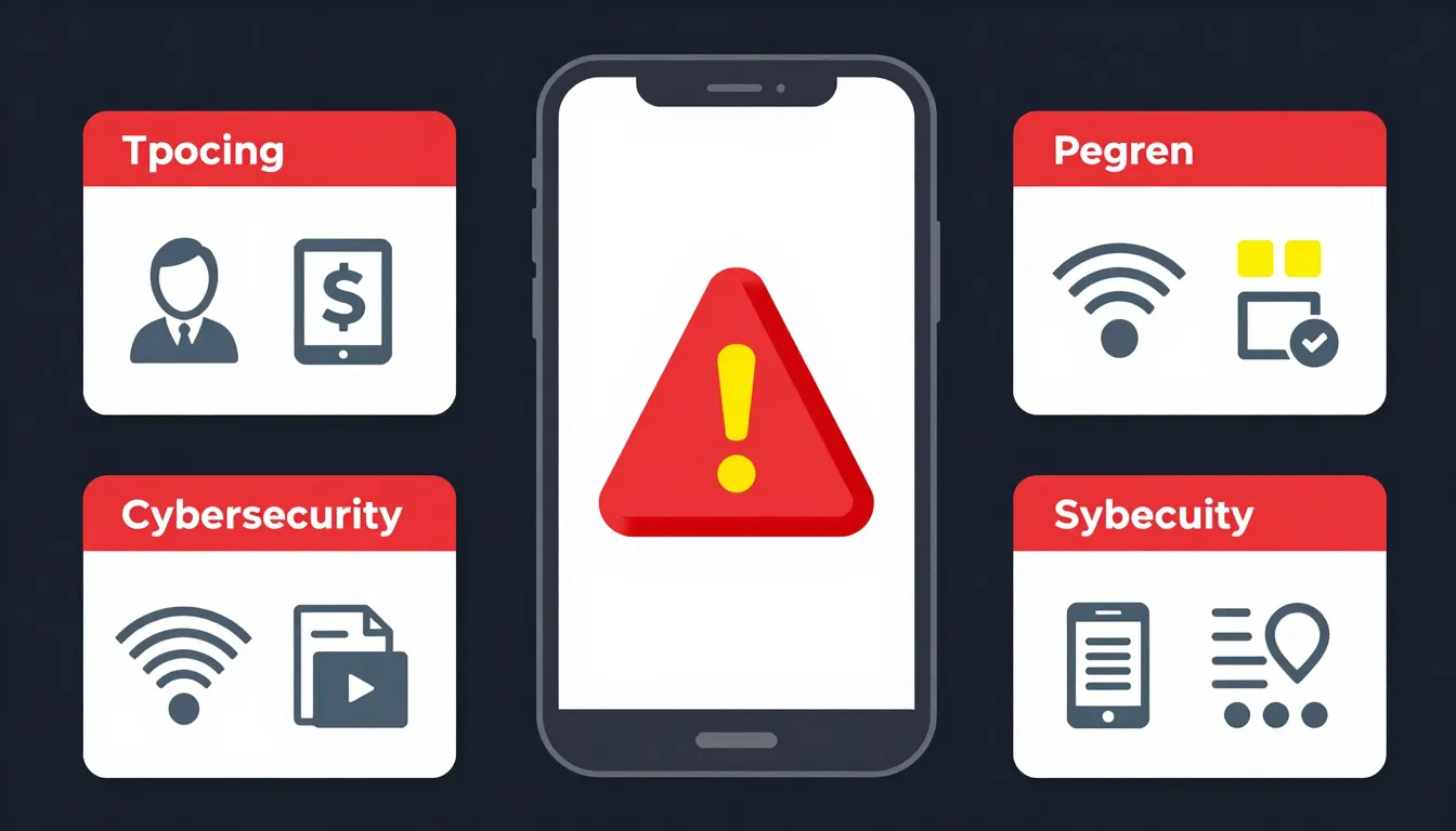 Cybersecurity infographic, smartphone with red warning sign,...