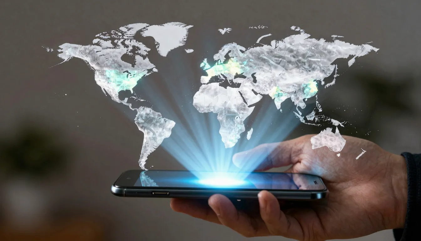 A person holding a glowing smartphone that projects a hologr...