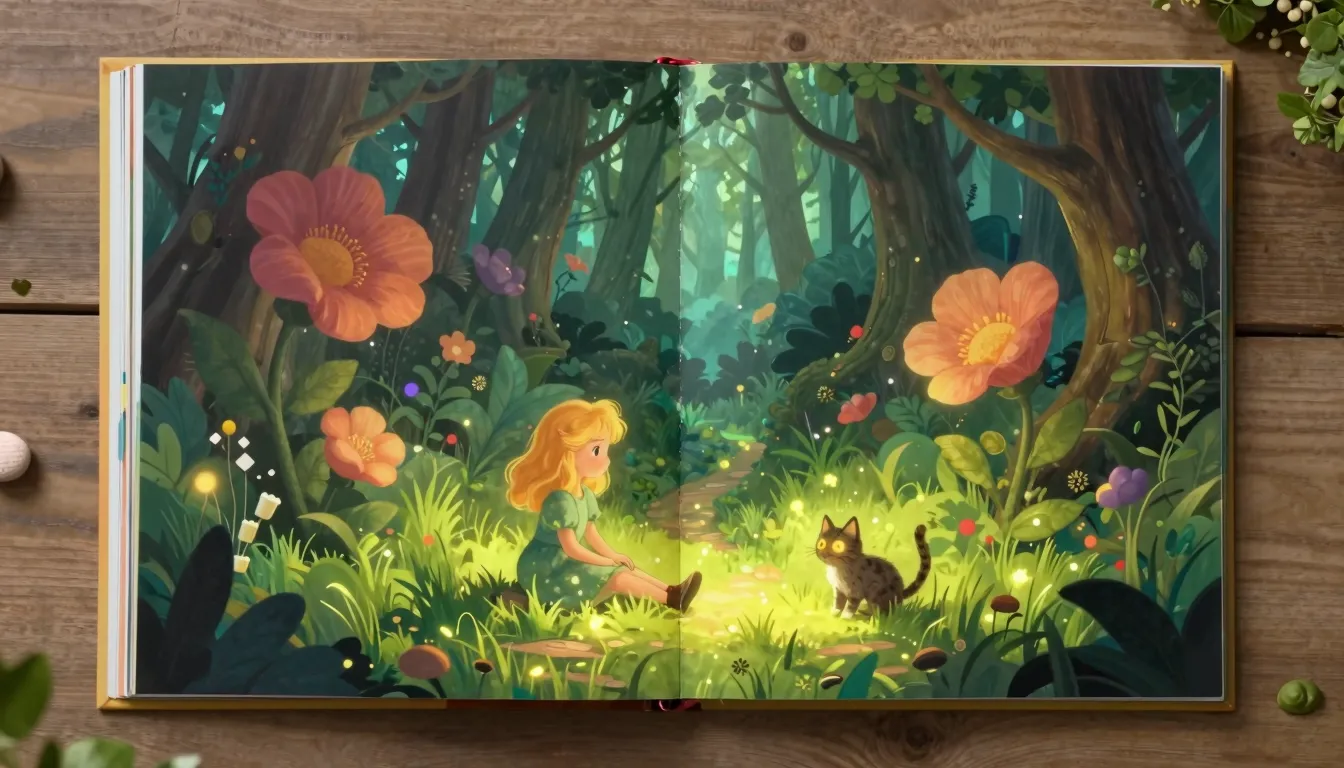 Children's book illustration, spread 3. Transformation scene...