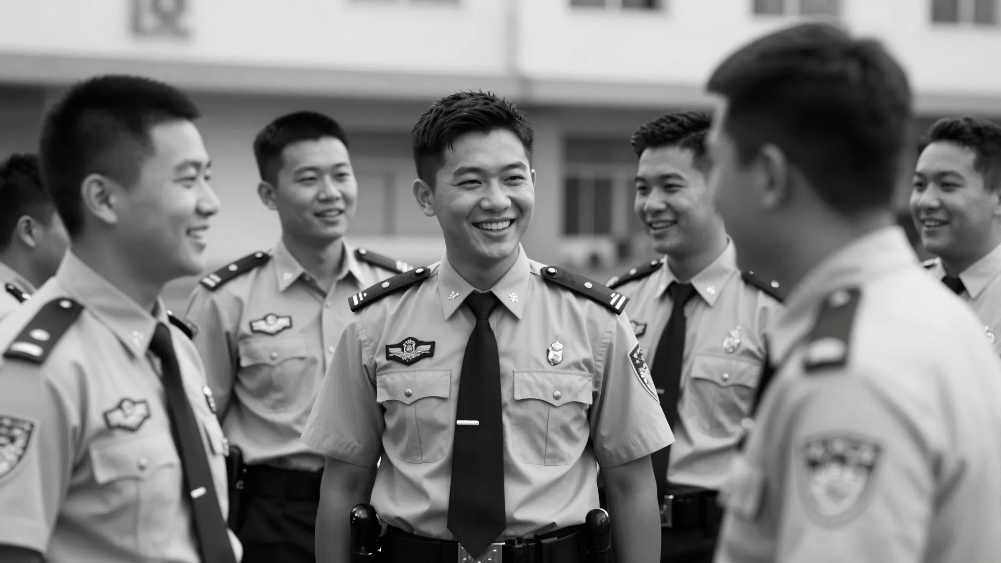 Slow, black-and-white flashback: a group of young police off...