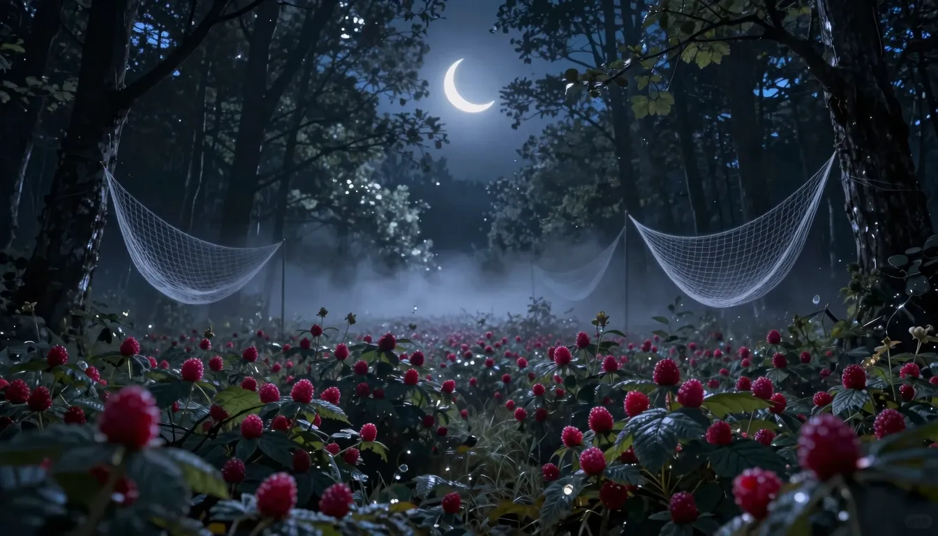 A magical night scene in a forest valley. A thin crescent mo...