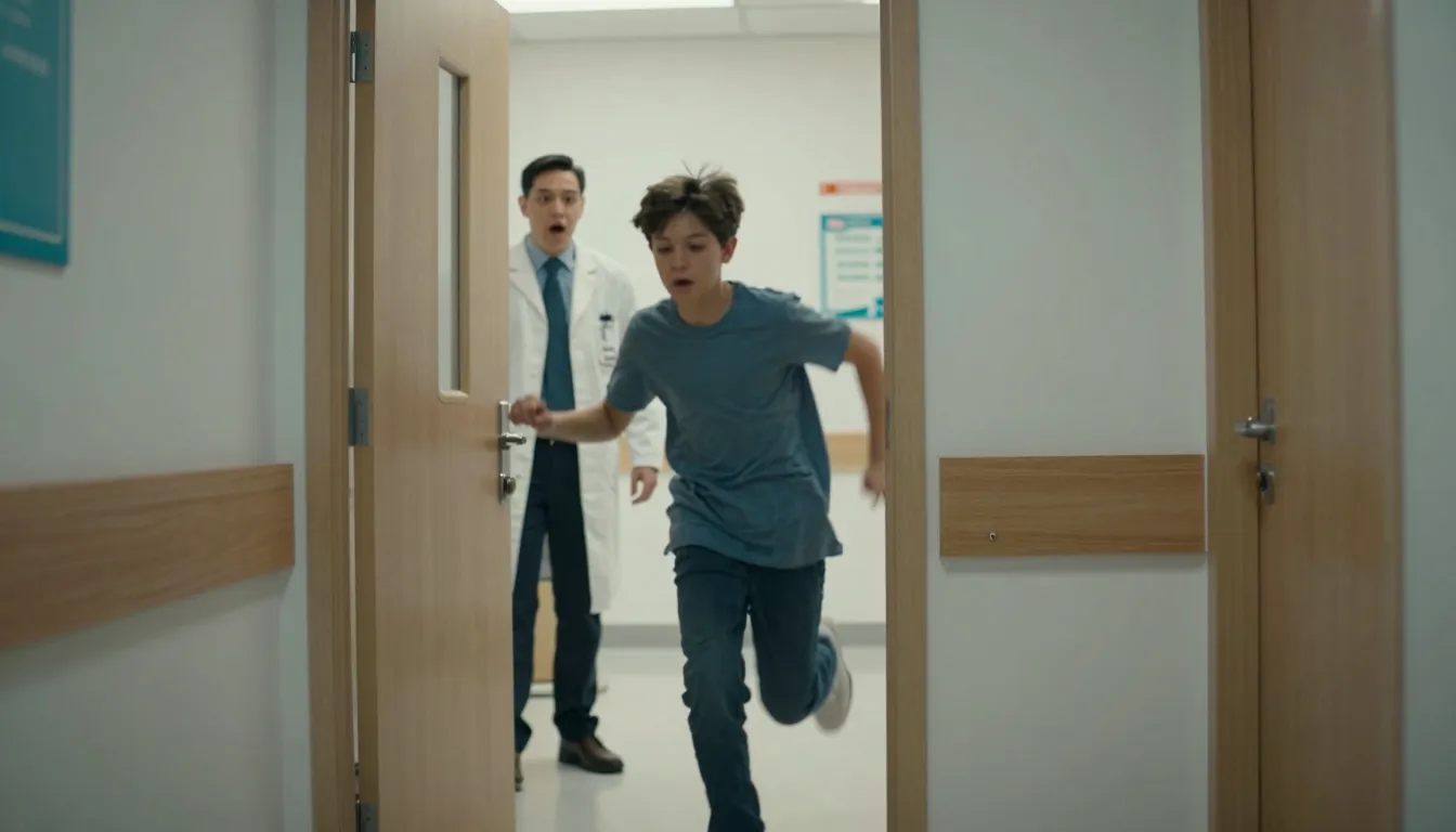 A 13-year-old boy running fast out of an ophthalmologist's o...