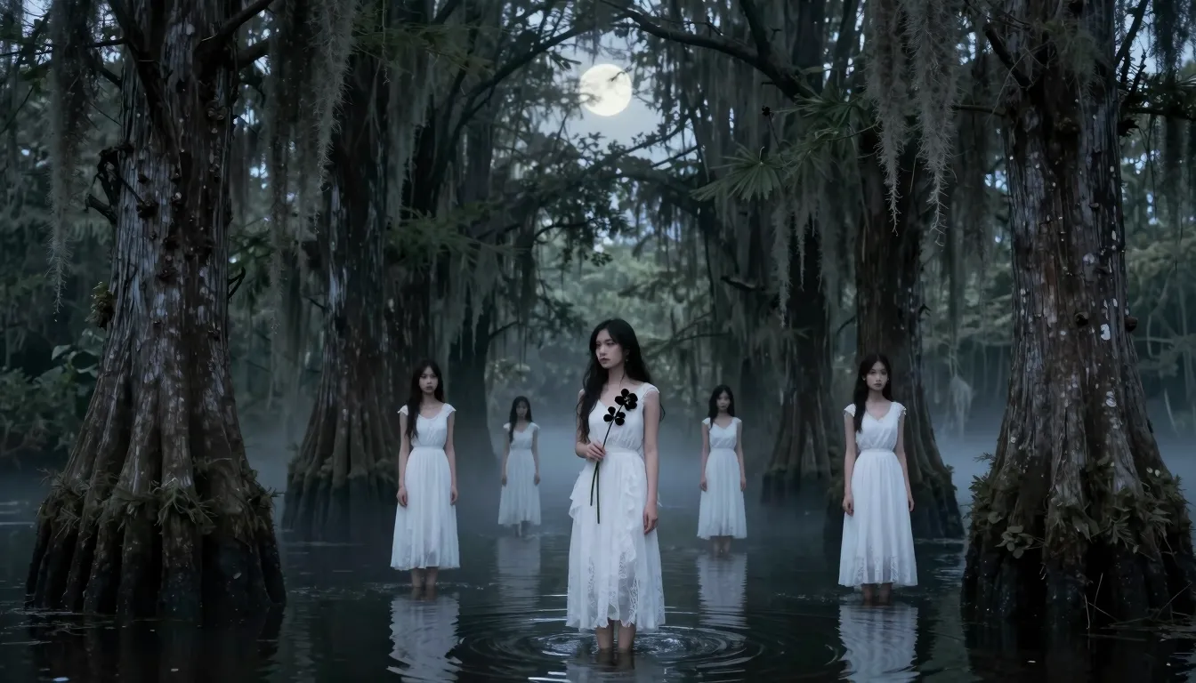 Atmospheric southern gothic art, deep swamp with giant cypre...