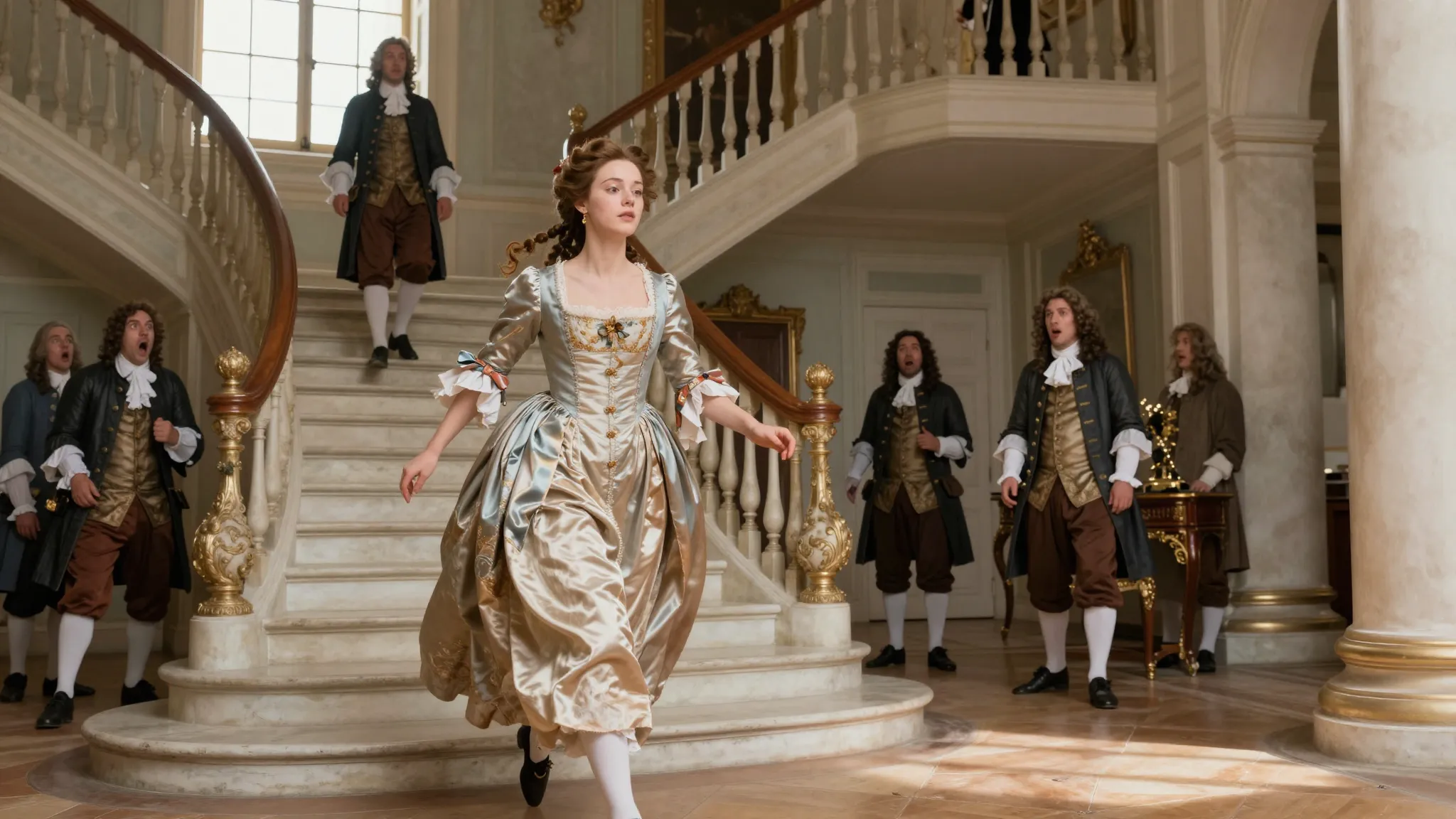 A dynamic scene in a 17th-century French chateau, a young no...