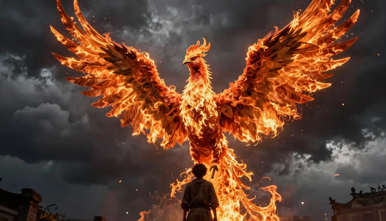 A majestic phoenix with wings made of fire protecting a pers...