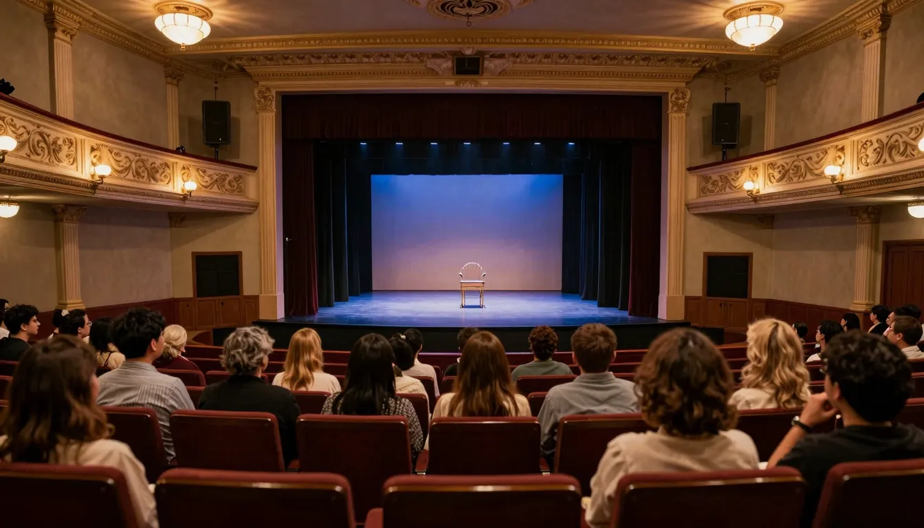 A cozy theater interior with people watching a play on stage...
