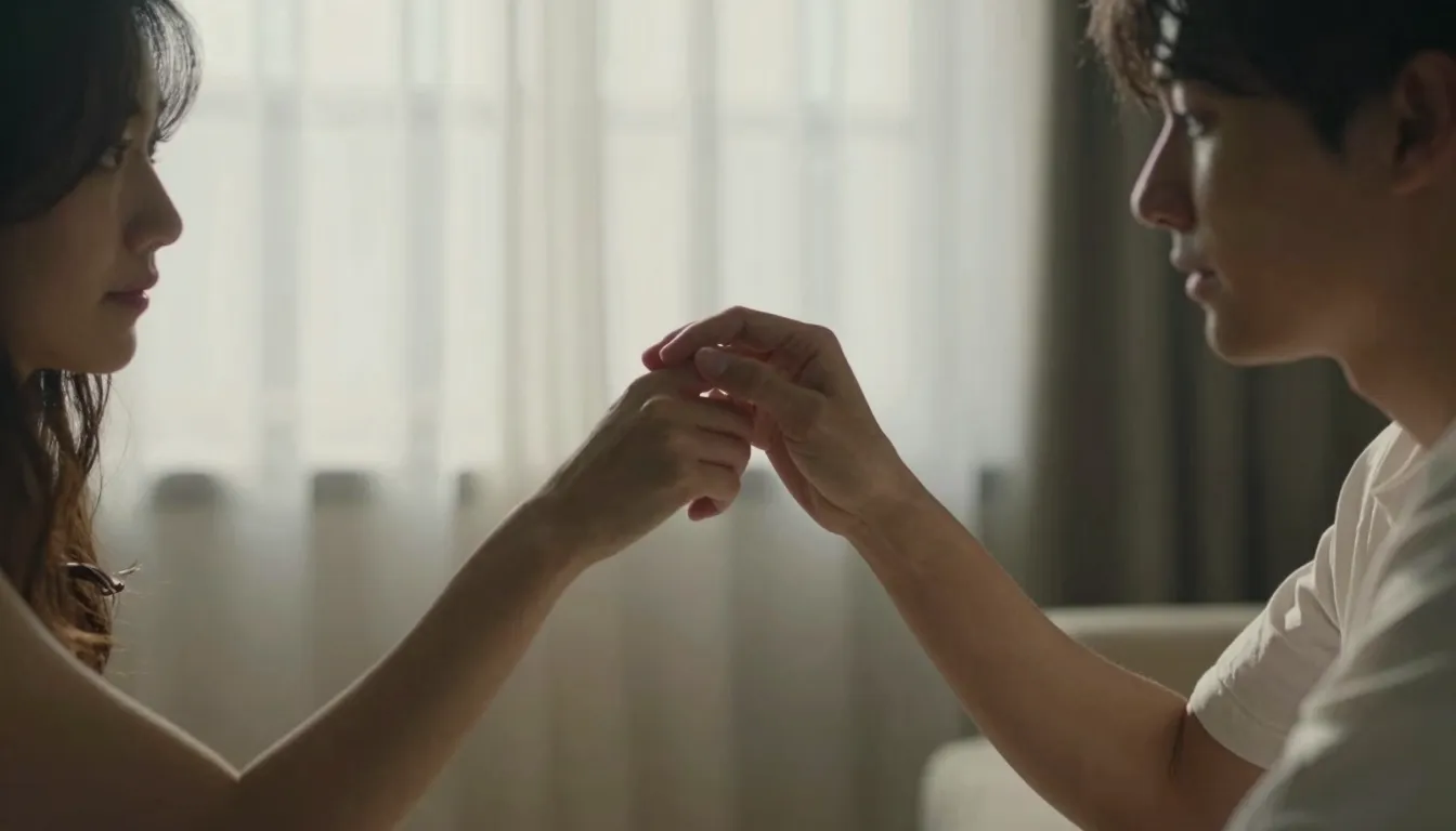 Cinematic shot of a young couple in a sunlit room, soft morn...