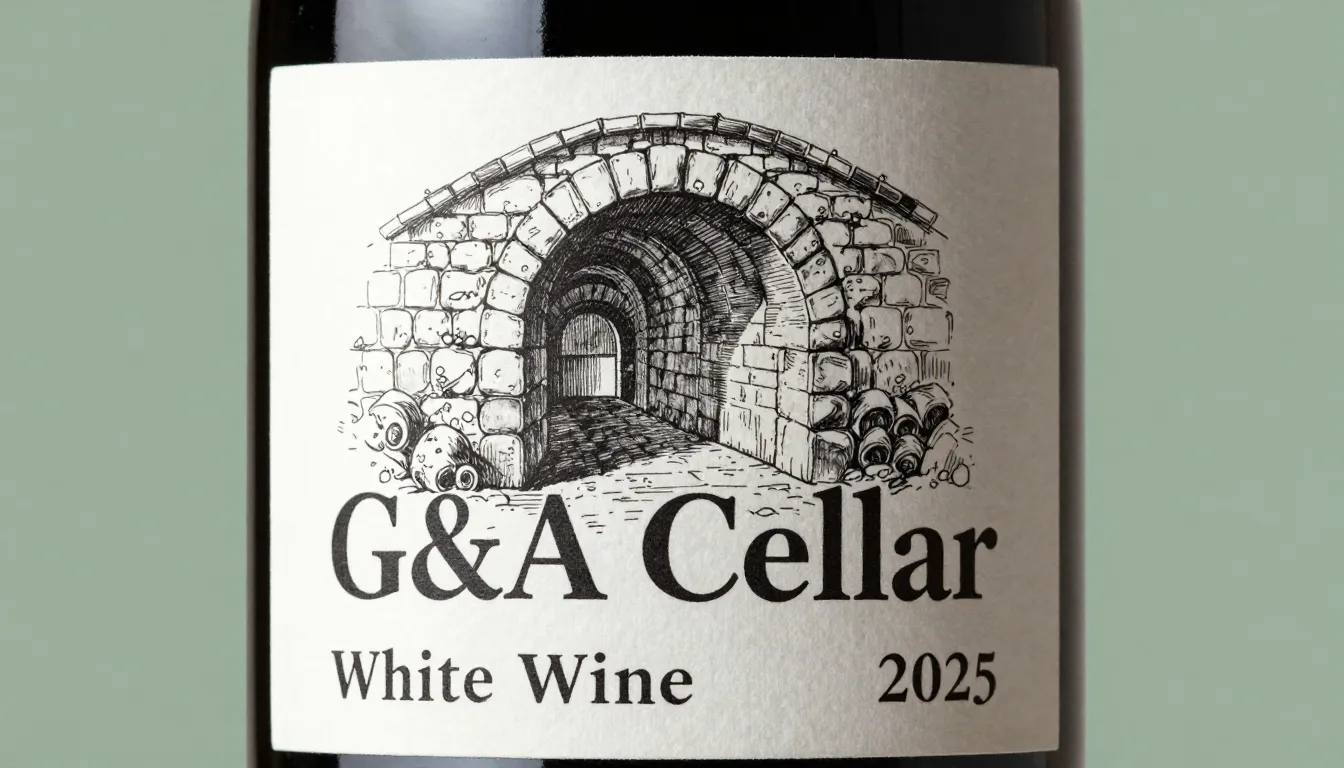 A classic and artistic wine label for 'G&A Cellar'. The illu...