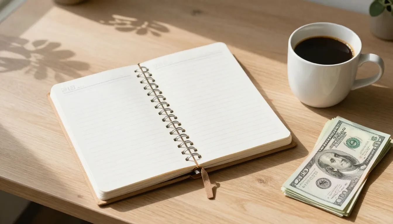 A cozy home office desk with a neat planner, a cup of coffee...