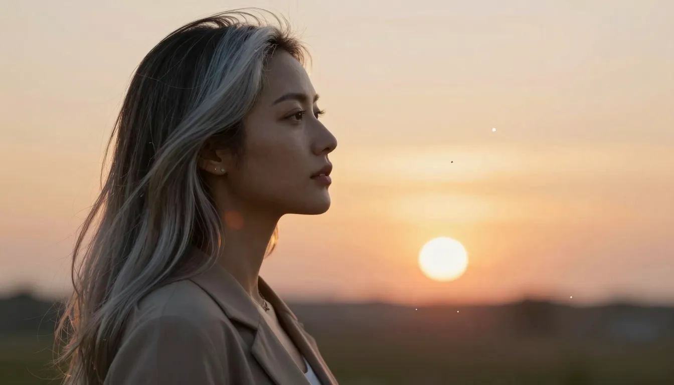 A beautiful woman with silver streaks in her hair looking at...