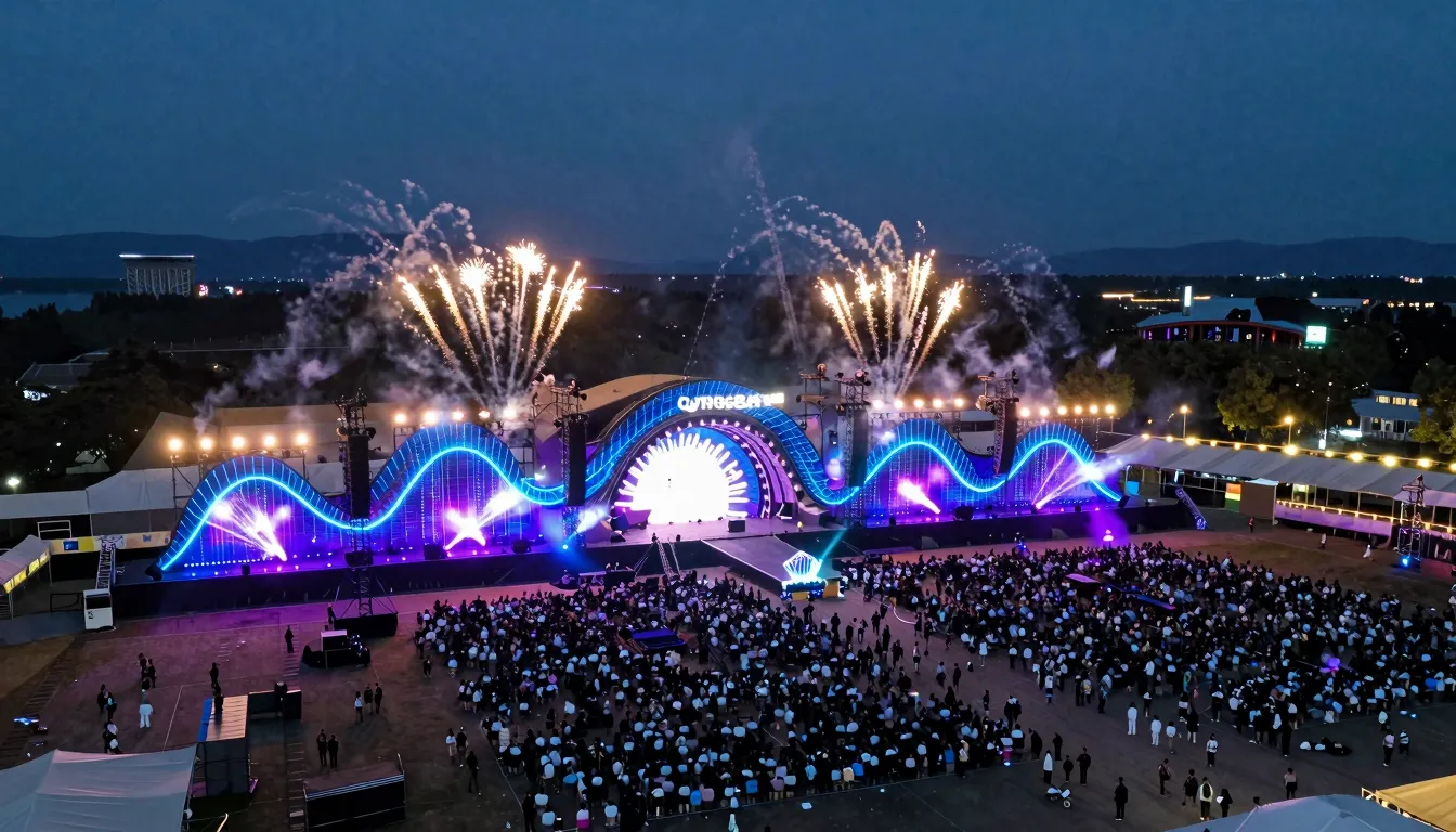 Aerial view of a huge music festival arena, a unique stage d...